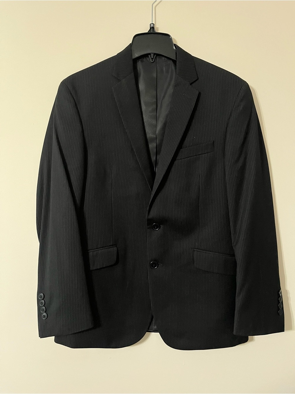 Men's Black Pinstripe Two-Button Blazer and Pants